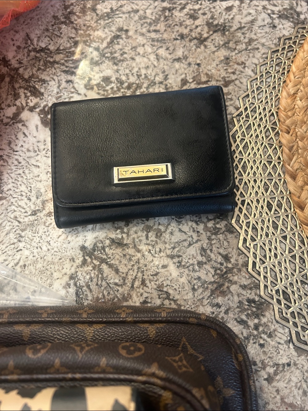 Tahari Black Leather Trifold Wallet with Gold Plaque